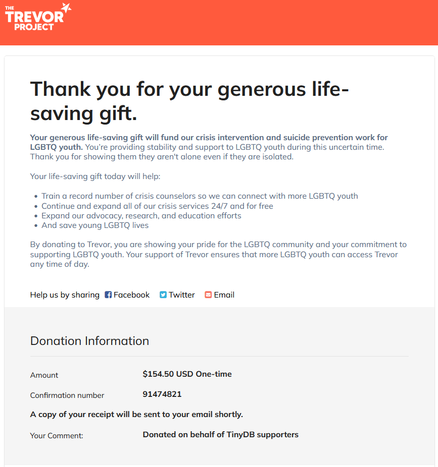 TinyDB Trevor Project Donation